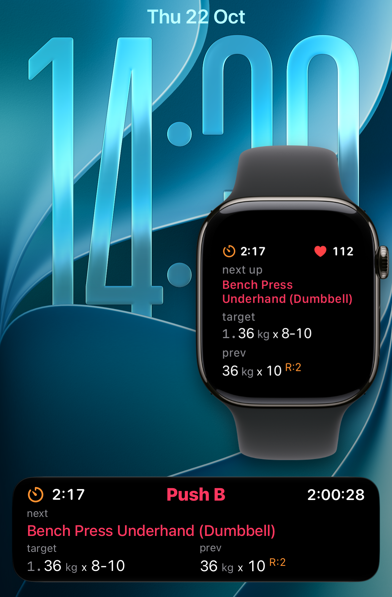 The rest timer and next set on the Lock Screen and on Apple Watch, both at 2:17