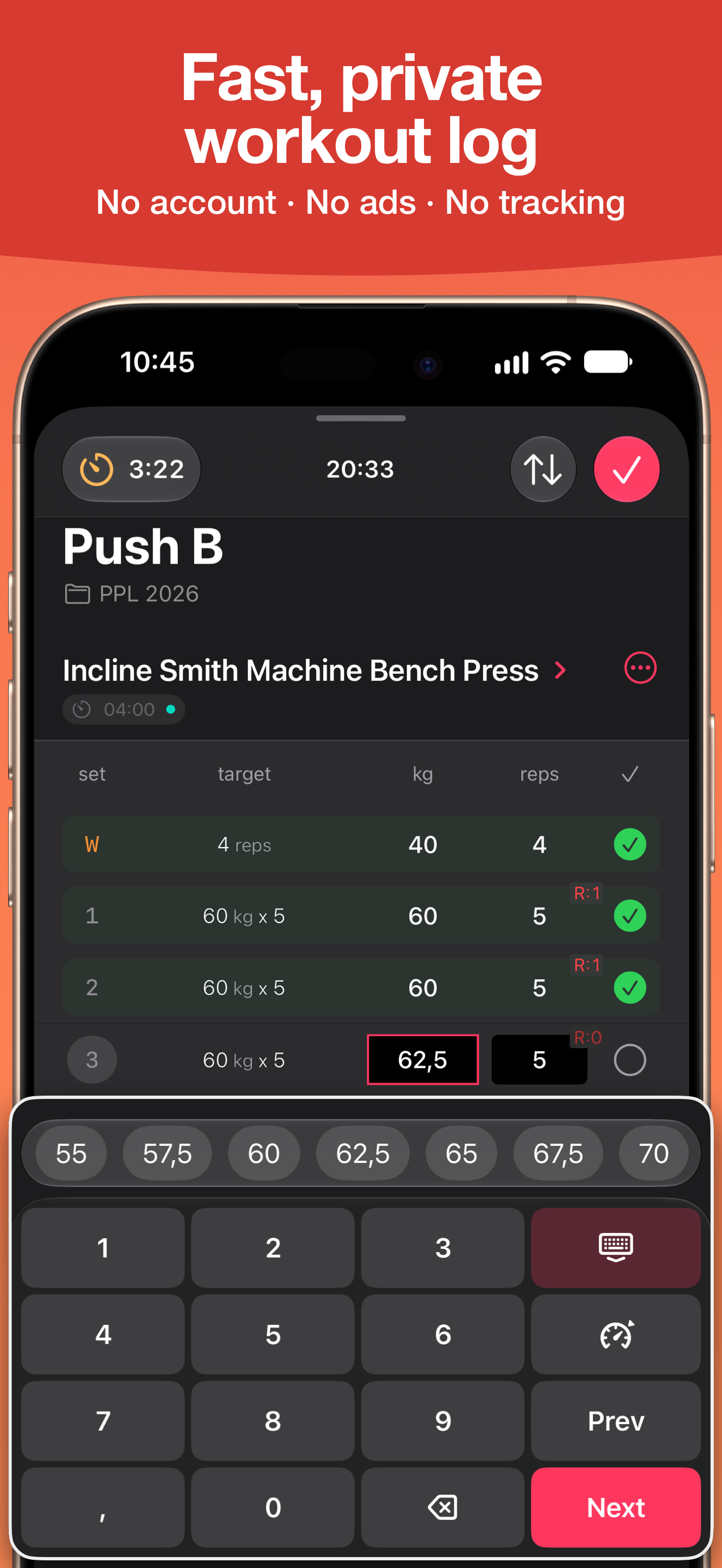 Fast, private workout log